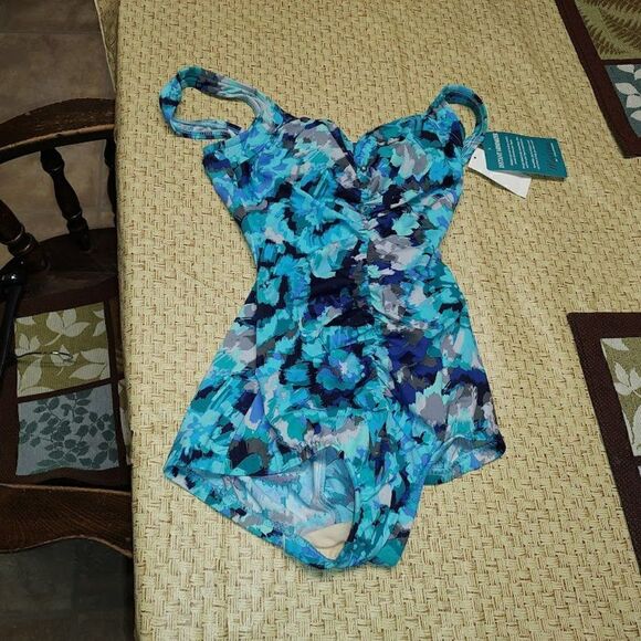 New Maxine Of Hollywood Instant Minimizer Teal Designed Bathing Suit Women's 8 - Picture 1 of 3
